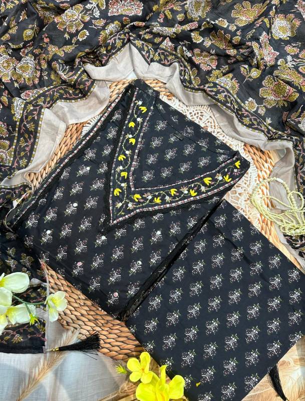 Elegant Navy Blue Floral Suit Set with Intricate Embroidery and Side Tassels | Premium Cotton"