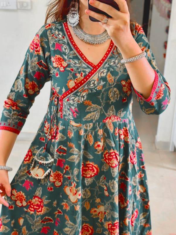 Anarkali Angrakha Style Kurti Pent With Dupatta Jaipuri Cotton