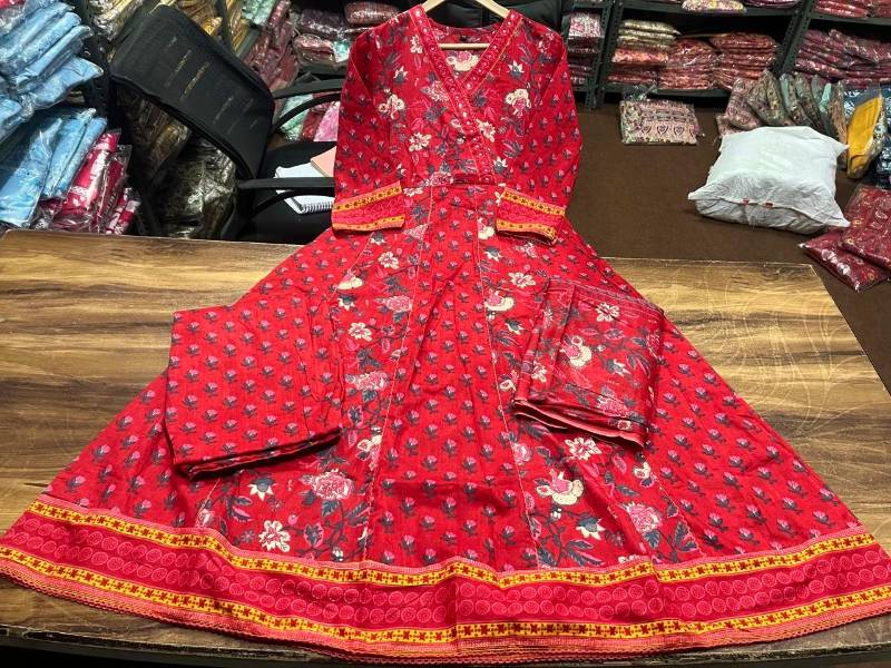 Dreamy Sanganeri Print Anarkali Kurta Set with Adda Detailing