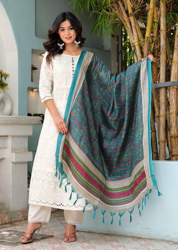 Classic Chikankari Cotton Anarkali Set with Digital Print Dupatta