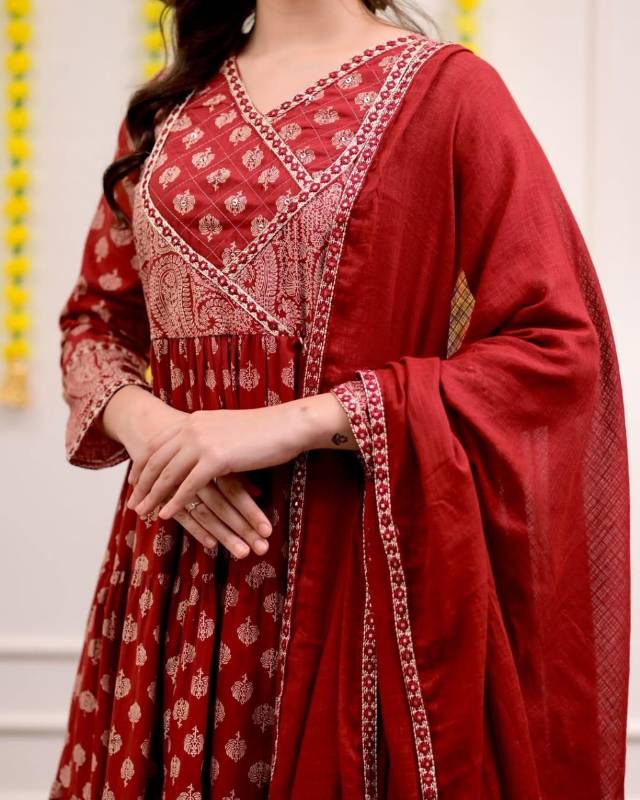 Dreamy Sanganeri Print Anarkali Kurta Set with Adda Work Detailing