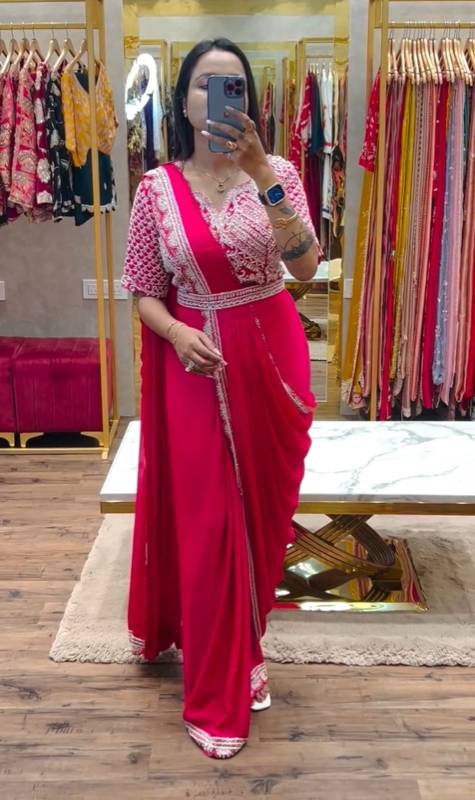 HB-184 Super Trending Embroidered Chinon Ready-to-Wear Saree with Belt & Blouse