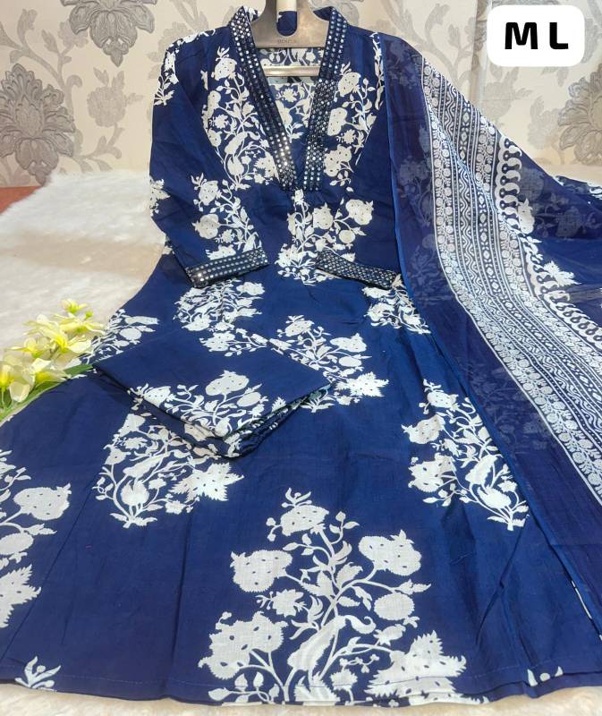 Elegant 3-Piece Anarkali Suit Set - Kurti, Palazzo & Dupatta (Cotton 60/60)