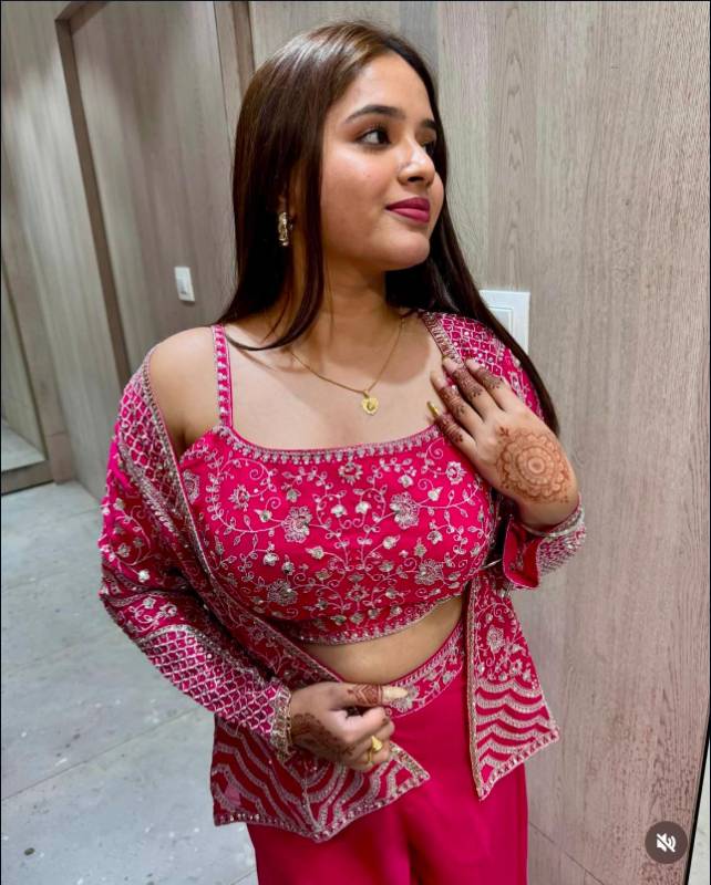 BB-13 | Elegant Rani Pink Chinon Palazzo Koti Blouse Set | Embroidered & Sequin Work | Free Size