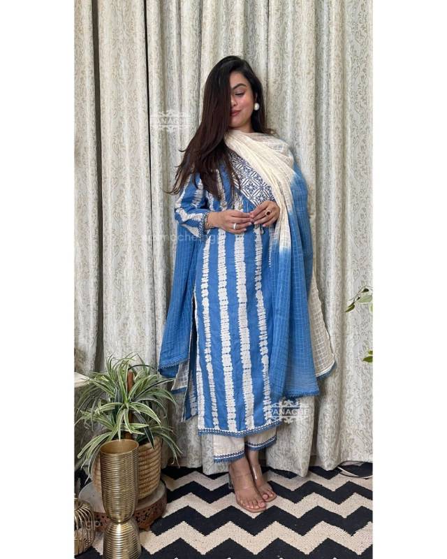 Premium Heavy Cotton Printed Kurti Set with Shells, Handwork & Tie-Dye Kota Doriya Dupatta