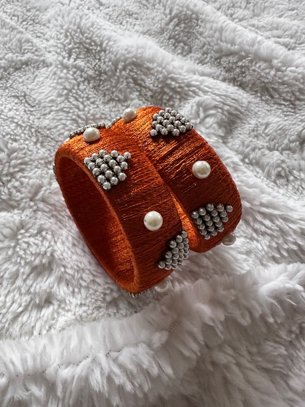 Orange Silk Thread Bangles In Pearl Decor 2-4