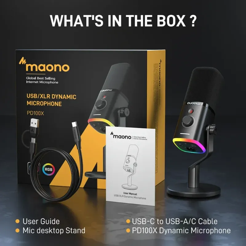 a Maono PD100X dynamic RGB USB/XLR
