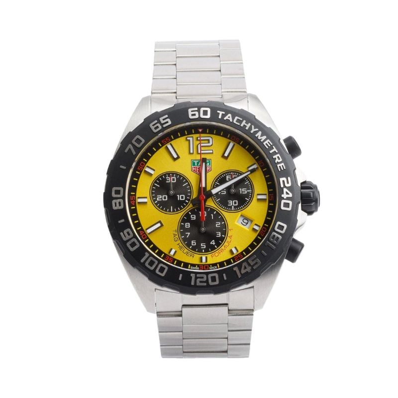 TAG HEUER
Stainless Steel Yellow Dial Formula 1 43 MM Chronograph Quartz Watch CAZ101AM w/ Box & Papers