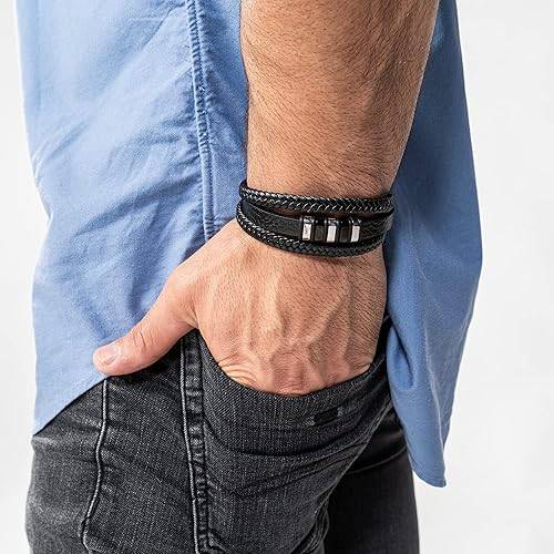 Pulsera de cuero genuino premium [Glory] para hombre en negro | Cierre magnético de acero inoxidable en plata y oro | Joyero exclusivo | Gran idea de regalo