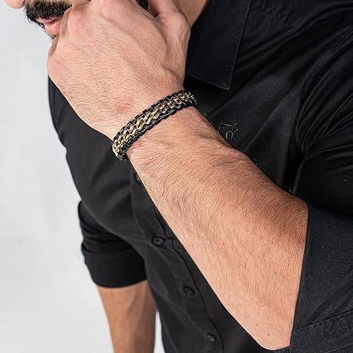 Pulsera de cuero genuino de primera calidad [acero] para hombre en negro | Cierre magnético de acero inoxidable en negro, plata y oro | Caja de joyería exclusiva | Gran idea de regalo