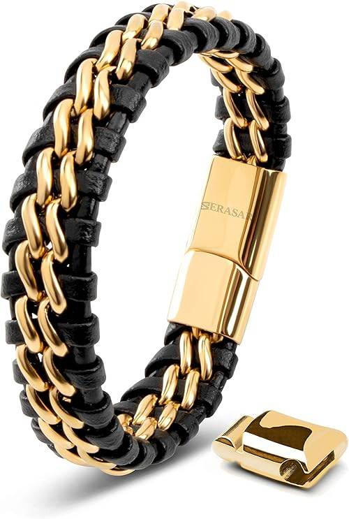Pulsera de cuero genuino de primera calidad [acero] para hombre en negro | Cierre magnético de acero inoxidable en negro, plata y oro | Caja de joyería exclusiva | Gran idea de regalo