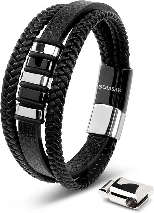 Pulsera de cuero genuino premium [Glory] para hombre en negro | Cierre magnético de acero inoxidable en plata y oro | Joyero exclusivo | Gran idea de regalo