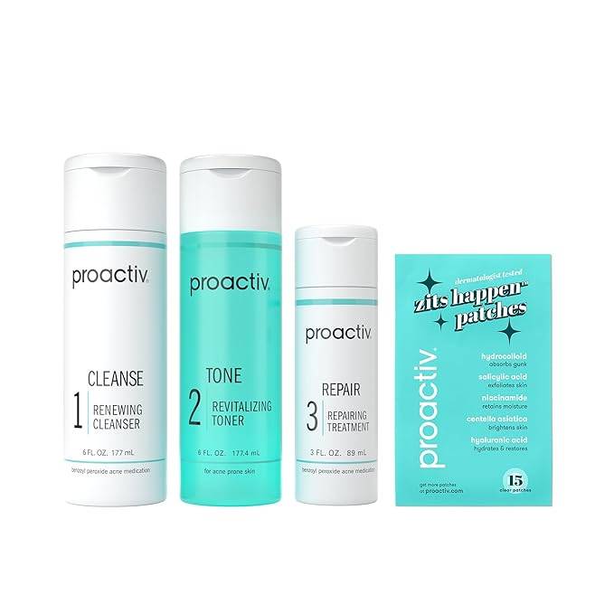 Proactiv Tratamiento para el acné de 3 pasos con parches de espinillas, lavado facial de peróxido de benzoílo, tratamiento reparador de manchas de acné para cara y cuerpo, tónico exfoliante, kit