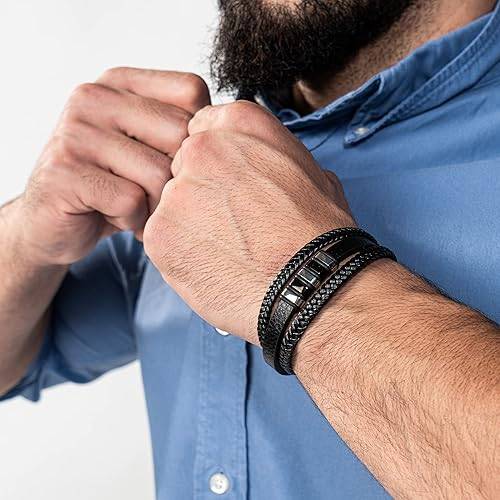 Pulsera de cuero genuino premium [Glory] para hombre en negro | Cierre magnético de acero inoxidable en plata y oro | Joyero exclusivo | Gran idea de regalo