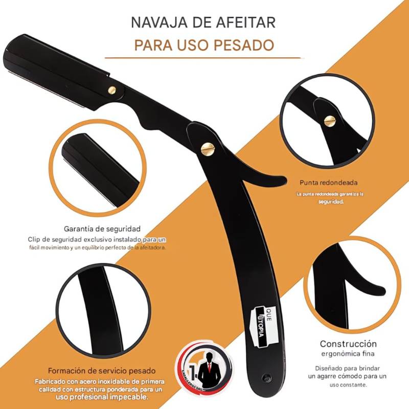 Rasuradora de seguridad profesional, para peluquero, de borde recto, con 100 cuchillas Derby, 100 % acero inoxidable, (negro)
