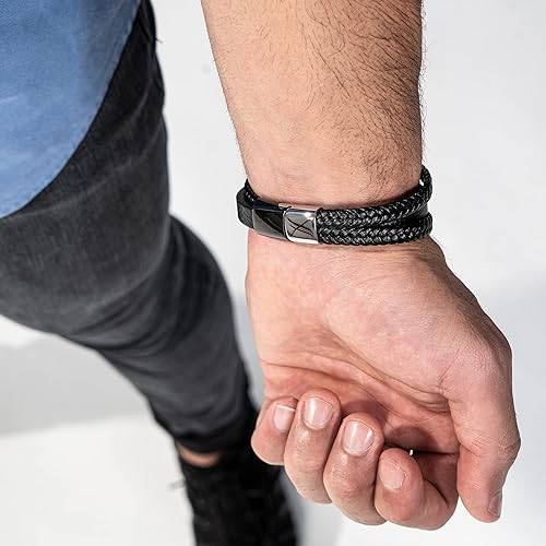 Pulsera de cuero genuino premium [Glory] para hombre en negro | Cierre magnético de acero inoxidable en plata y oro | Joyero exclusivo | Gran idea de regalo