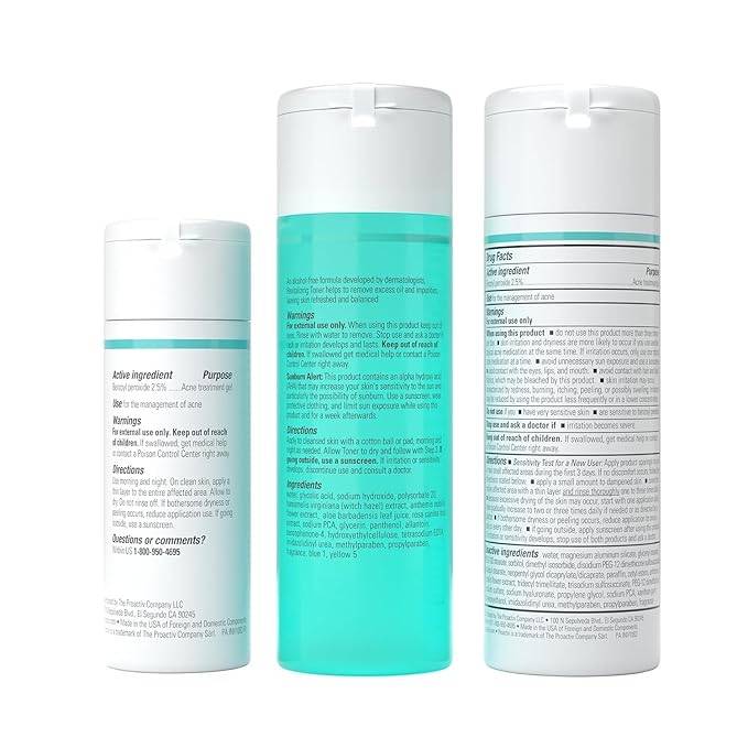 Proactiv Tratamiento para el acné de 3 pasos con parches de espinillas, lavado facial de peróxido de benzoílo, tratamiento reparador de manchas de acné para cara y cuerpo, tónico exfoliante, kit