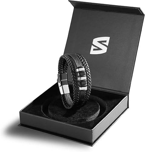 Pulsera de cuero genuino premium [Glory] para hombre en negro | Cierre magnético de acero inoxidable en plata y oro | Joyero exclusivo | Gran idea de regalo