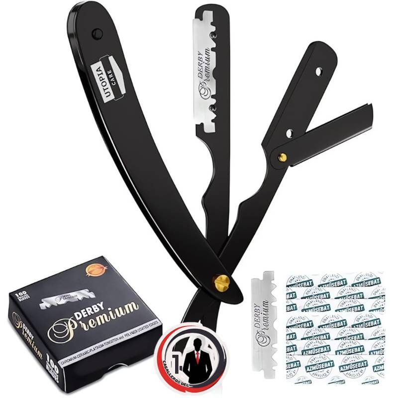 Rasuradora de seguridad profesional, para peluquero, de borde recto, con 100 cuchillas Derby, 100 % acero inoxidable, (negro)