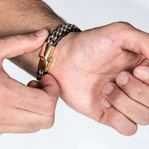 Pulsera de cuero genuino de primera calidad [acero] para hombre en negro | Cierre magnético de acero inoxidable en negro, plata y oro | Caja de joyería exclusiva | Gran idea de regalo