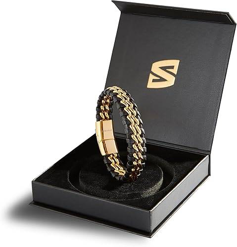 Pulsera de cuero genuino de primera calidad [acero] para hombre en negro | Cierre magnético de acero inoxidable en negro, plata y oro | Caja de joyería exclusiva | Gran idea de regalo