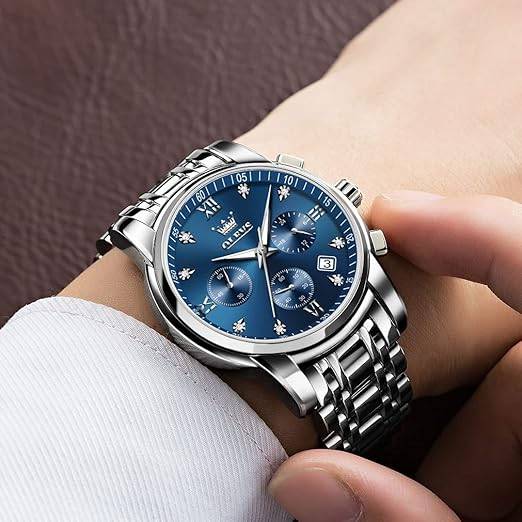 Reloj cronógrafo de acero inoxidable para hombre, esfera grande, dorado, plateado, tono negro, fácil de leer, reloj de cuarzo analógico, de lujo, impermeable, fecha, diamantes con números