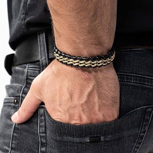 Pulsera de cuero genuino de primera calidad [acero] para hombre en negro | Cierre magnético de acero inoxidable en negro, plata y oro | Caja de joyería exclusiva | Gran idea de regalo