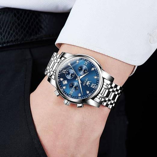Reloj cronógrafo de acero inoxidable para hombre, esfera grande, dorado, plateado, tono negro, fácil de leer, reloj de cuarzo analógico, de lujo, impermeable, fecha, diamantes con números