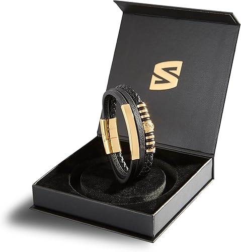 Pulsera de cuero premium para hombre, cierre magnético de acero inoxidable, tres colores, caja de joyería incluida