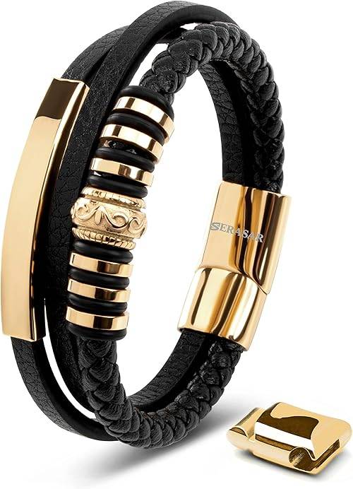Pulsera de cuero premium para hombre, cierre magnético de acero inoxidable, tres colores, caja de joyería incluida