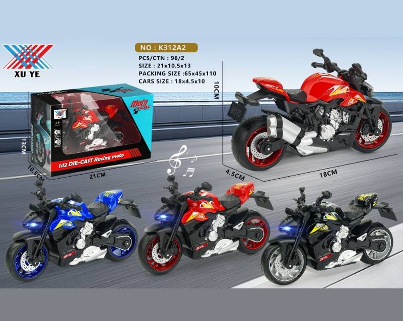 (K312A2) 1:12 P/B Alloy Motorcycle W/Music&Light W/3*Ag13 W.Bx