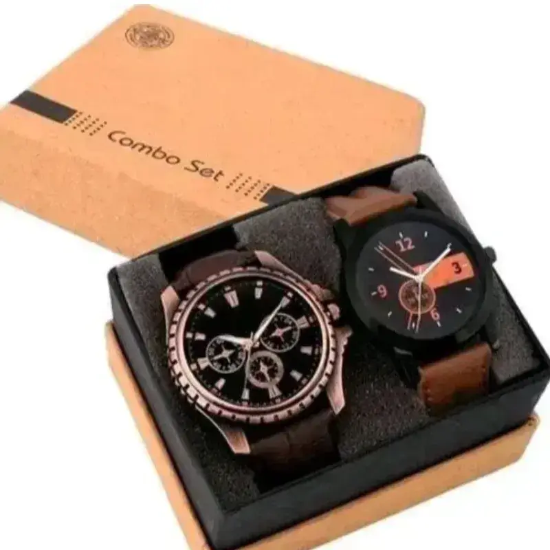 Men and boy's Brown Leather Analog Wrist Watch, Analogue Men's Watch Combo pack of 2
