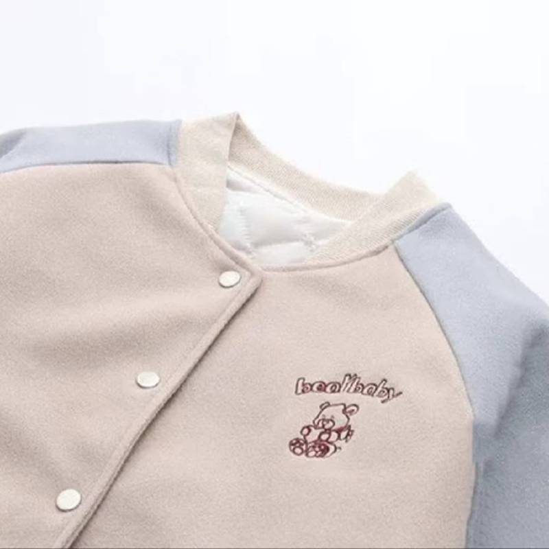 Two Tone Bear Baseball Pocket Outerwear Jacket Varsity Remaja Wanita Korea Style