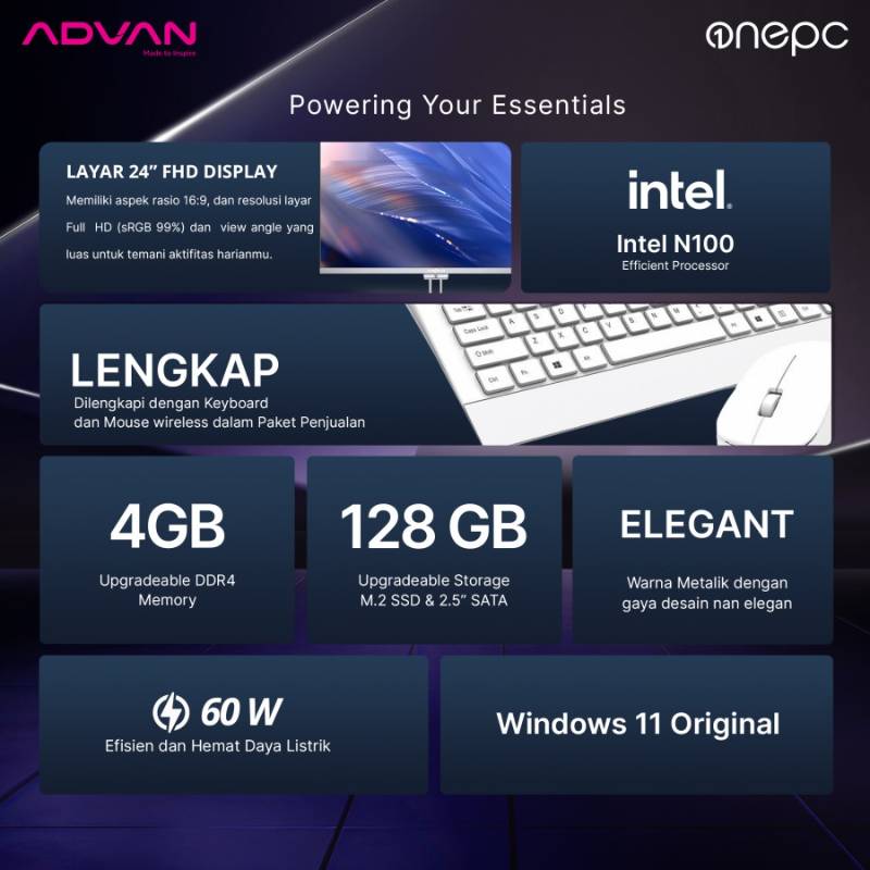 ADVAN AIO OnePC Celeron N100 RAM 4GB SSD 128GB 24" FHD Windows 11 Grey