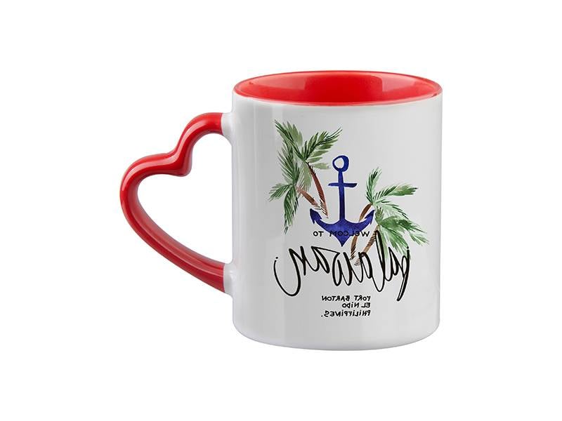 TAZAS BLANCAS EN FORMA DE CORAZON ROJOS SUBLIMACION 11ONZ