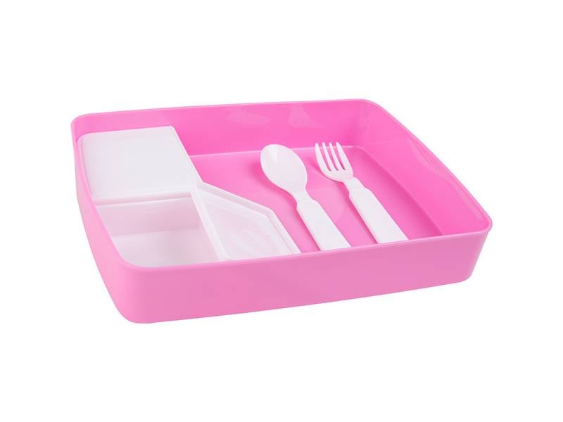 Envase Plastico Rosado con Cuchara y Tenedor mas Metal para Sublimacion (para Lonchera)