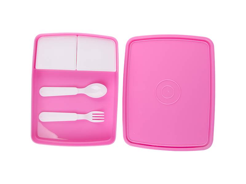 Envase Plastico Rosado con Cuchara y Tenedor mas Metal para Sublimacion (para Lonchera)