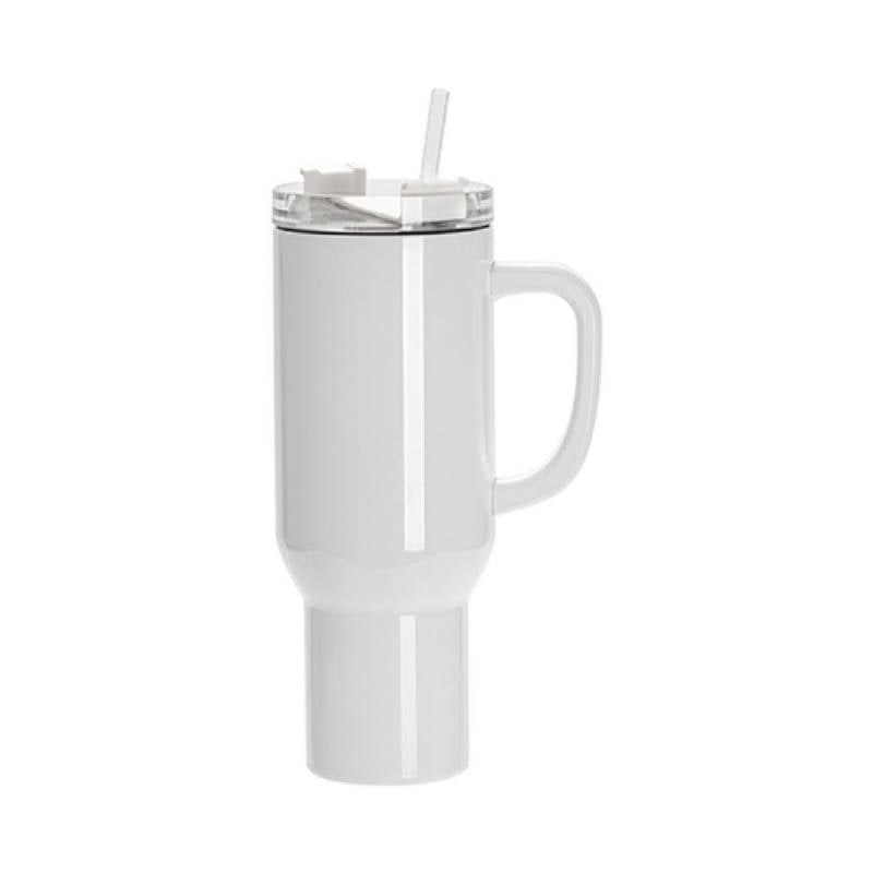 Vasos de Viajeros (Blanco con Asa) 40onz/1200mL - Acero Inoxidable con Sorbete y Tapa