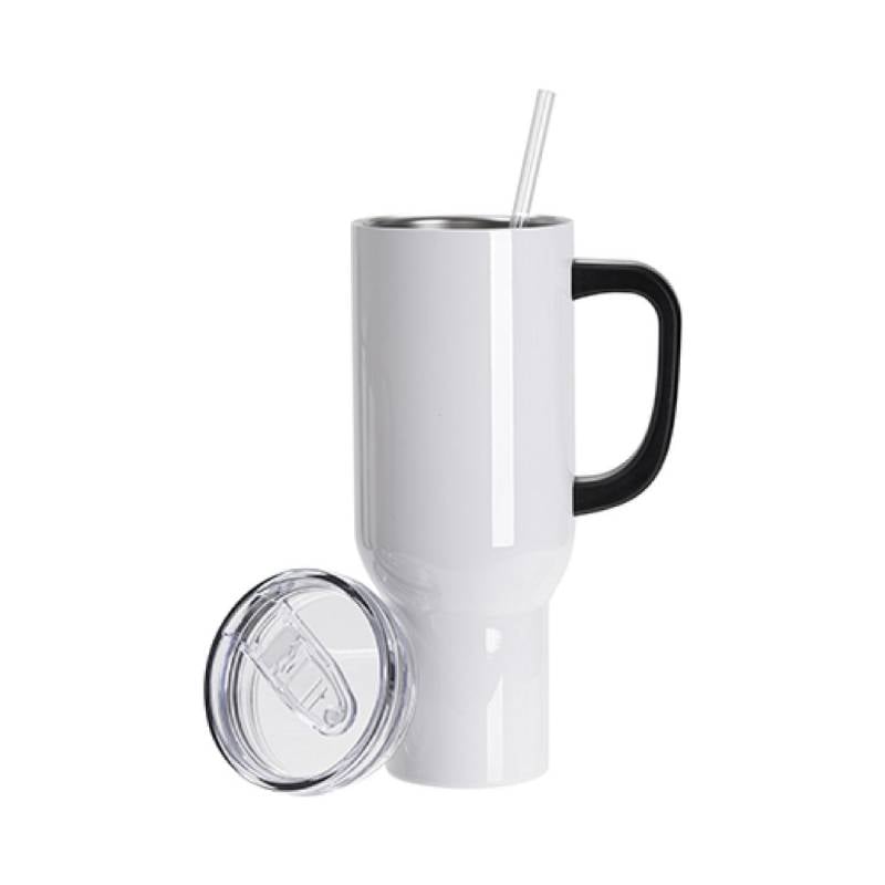 Vasos de Viajeros (Blanco con Asa Negra) 40onz/1200mL - Acero Inoxidable con Sorbete y Tapa