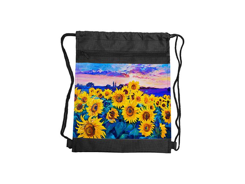 MOCHILA NEGRA CORDON NEGRO SUBLIMACION AREA IMPR. 10.5''X14'' COMPLETA 14''X16.5''
