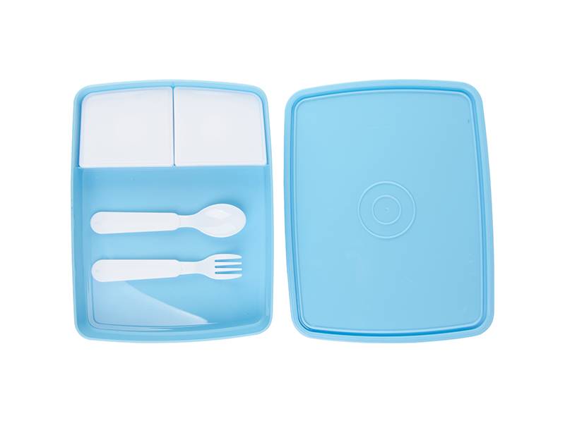 Envase Plastico Azul Claro con Cuchara y Tenedor mas Metal para Sublimacion (para Lonchera)