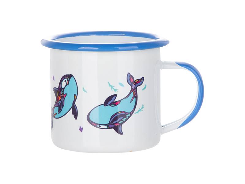 Tazas Esmaltada Blanca Borde Azul Claro 12oz Sublimacion