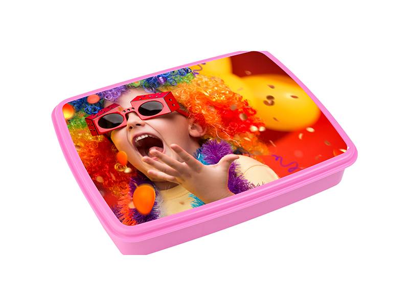 Envase Plastico Rosado con Cuchara y Tenedor mas Metal para Sublimacion (para Lonchera)