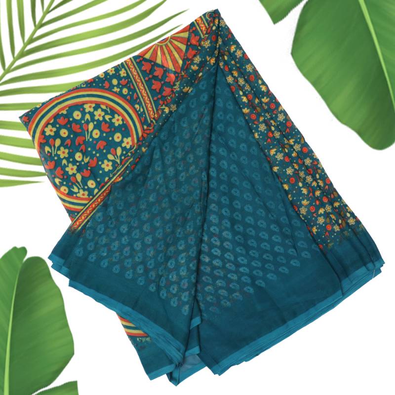 Silk Printed Saree + Running Blouse Piece blue