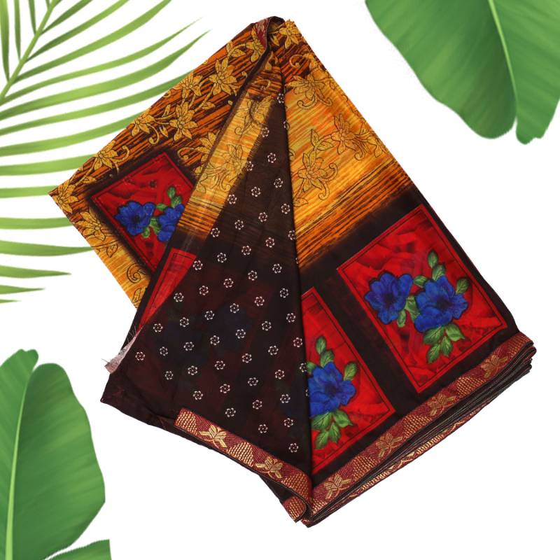 Silk Printed Saree Embroidered Striped + Blouse Piece