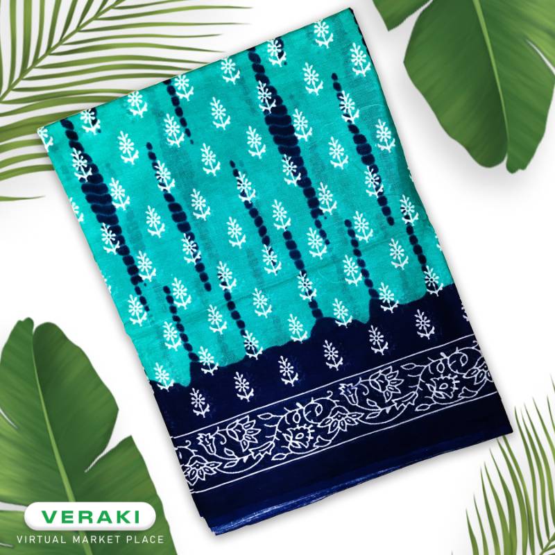 100% Cotton Printed Saree + Blouse Piece + Sky blue & Peacock Blue