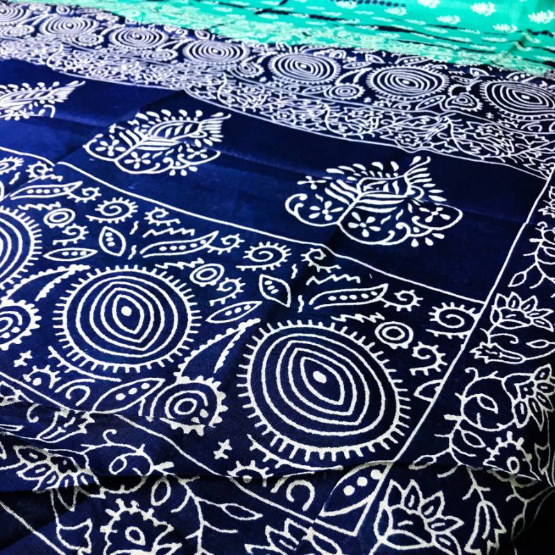 100% Cotton Printed Saree + Blouse Piece + Sky blue & Peacock Blue