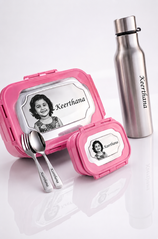 School Tiffin Set & Water Bottle  Pink