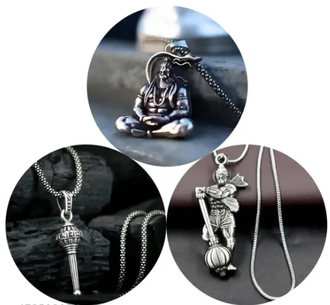 Pack of 3 Hanuman ji locket silver plated pendant of Hanuman baba (Unisex)