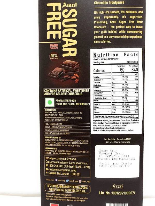 Amul Sugar Free Dark Chocolate 35g
